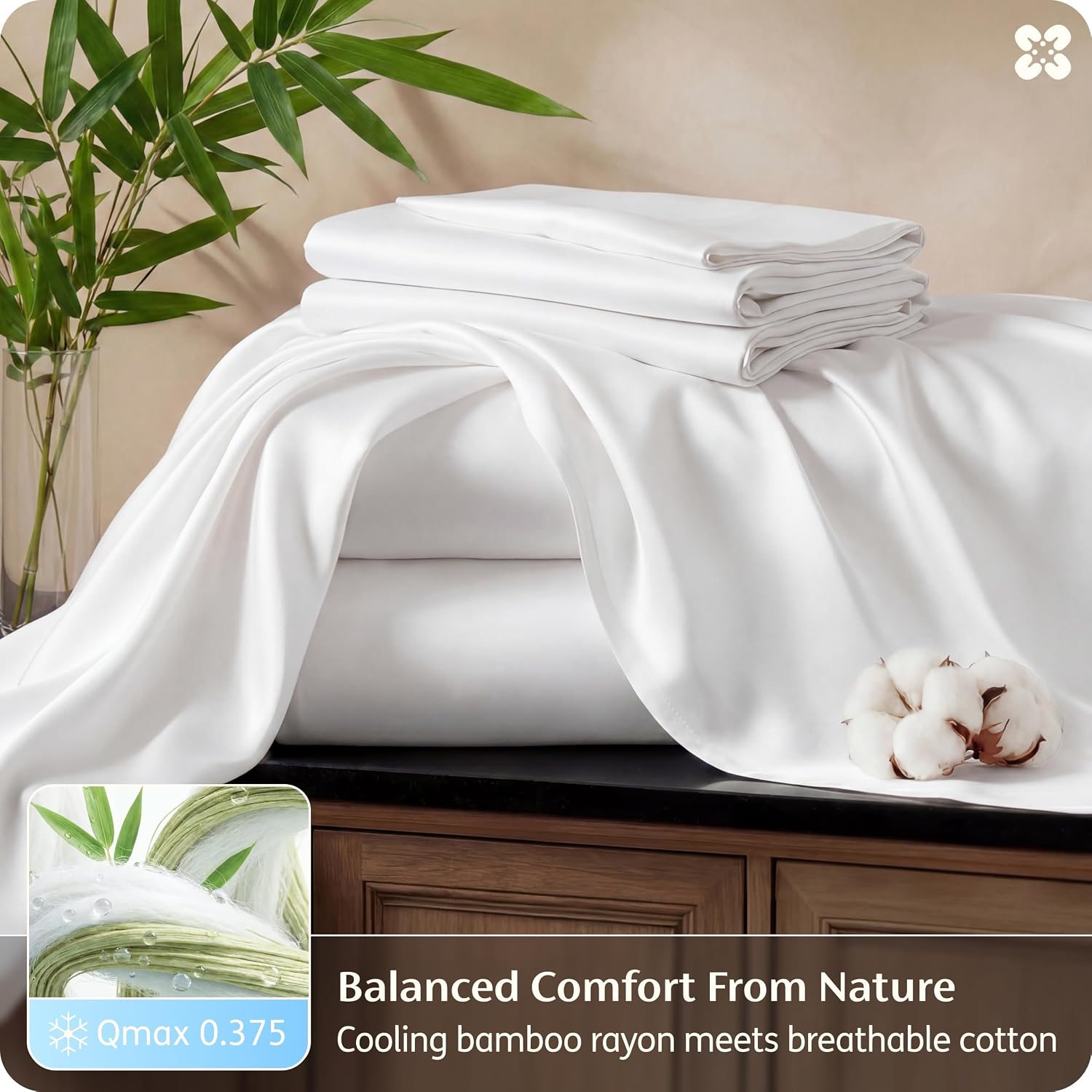 Bedsure Bamboo Viscose Cooling Sheets, Rayon Cotton Serene Blend, PureWoven, Breathable & Buttery Soft King Size Sheets Set, Deep Pocket Up to 18', Hotel Luxury Bedding for Hot Sleepers, White