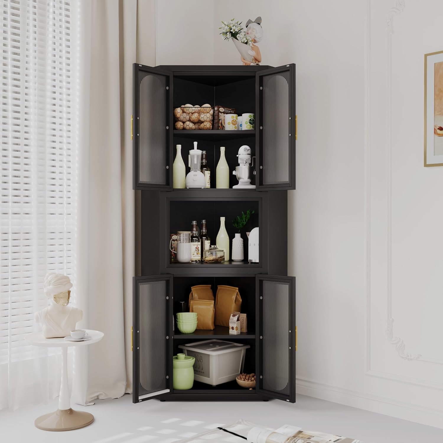 erosoei Farmhouse Corner Cabinet, Tall Corner Pantry Storage Cabinet with Acrylic Glass Door Design & Adjustable Feet, for Laundry Room, Bathroom, Kitchen,Bedroom(Black)