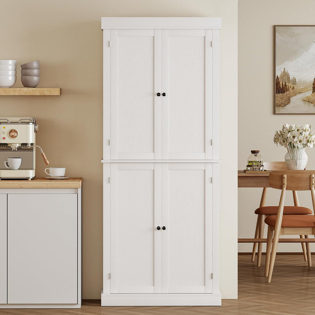 HOMCOM 72.5' Tall Kitchen Pantry Cabinet, Freestanding Modern Farmhouse Kitchen Storage Cabinet with 4 Doors and 2 Adjustable Shelves for Dining Room, White Wood Grain