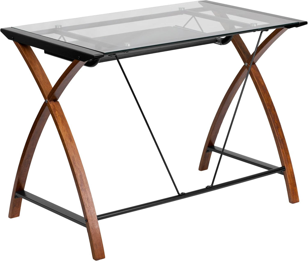 Flash Furniture Jude Tempered Glass Computer Desk with Pull-Out Keyboard Tray and Crisscross Frame, Small Computer Desk for Home Office, Cherry/Clear