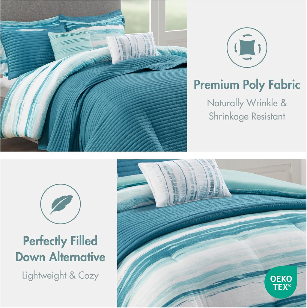 Madison Park Marina Comforter Quilt Combo Set - Modern Luxury Design, All Season Down Alternative Bedding, Matching Shams, Decorative Pillows, King/Cal King(104'x92'), Aqua 8 Piece