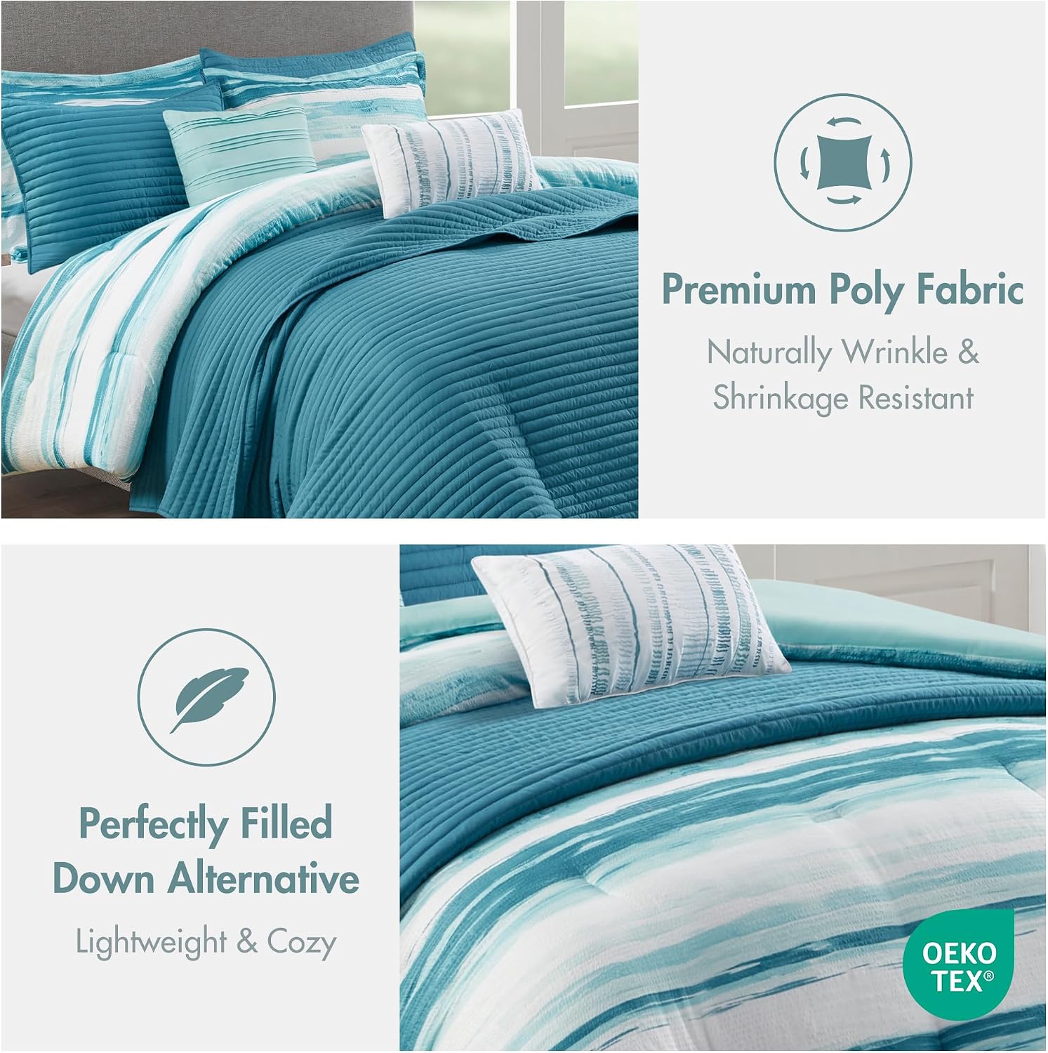 Madison Park Marina Comforter Quilt Combo Set - Modern Luxury Design, All Season Down Alternative Bedding, Matching Shams, Decorative Pillows, King/Cal King(104'x92'), Aqua 8 Piece