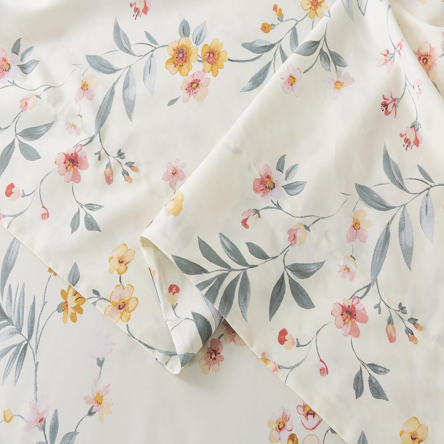 FADFAY Floral Sheets Queen Vintage Pink Floral Bedding Shabby Beige Elegant Botanical Sheets Rustic Farmhouse Bedding 800 Thread Count 100% Egyptian Cotton Deep Pocket Fitted Sheet 4Pcs, Queen Size