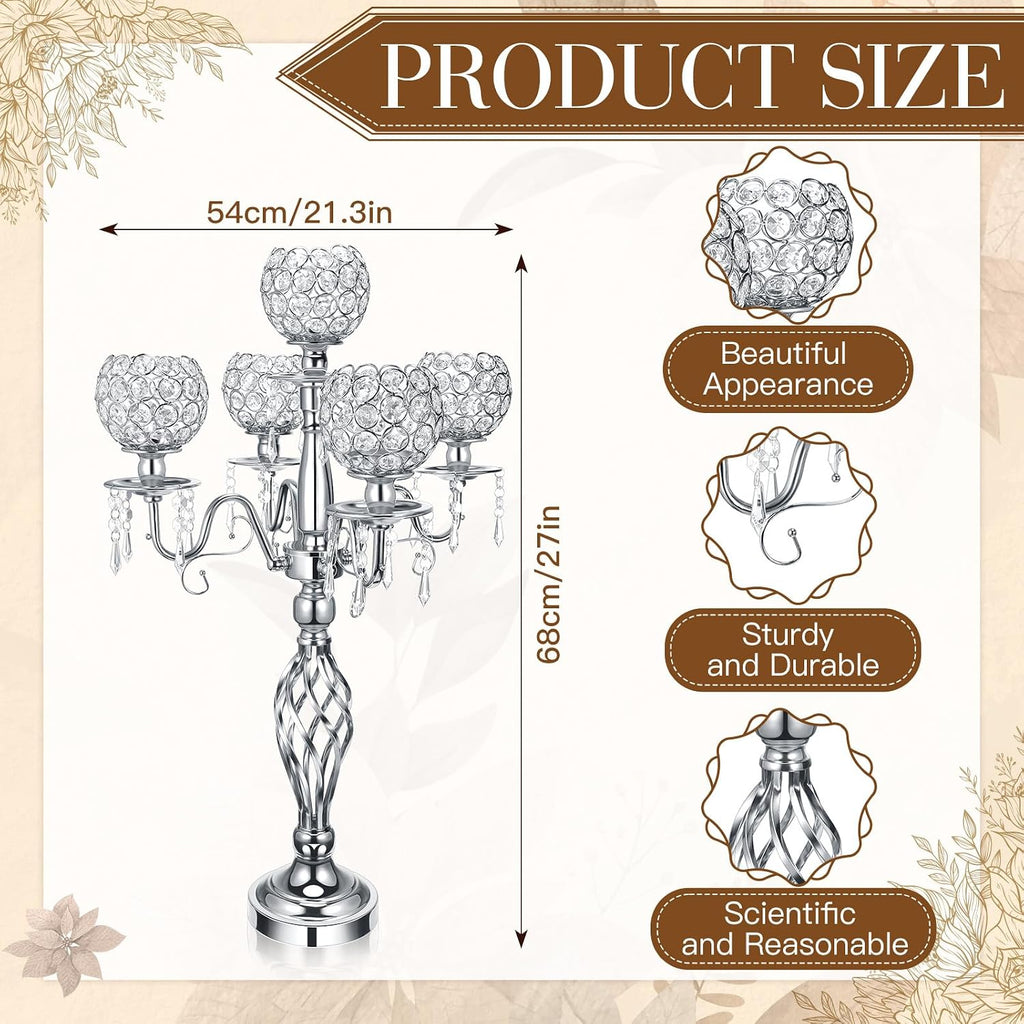 Nitial 8 Pcs 5 Arm Crystal Candelabra Centerpieces for Table 27 Inch Retro Victorian Crystal Candle Holders Bowl Table Centerpieces Decor for Wedding Banquet Valentine Dinner Party Event (Silver)