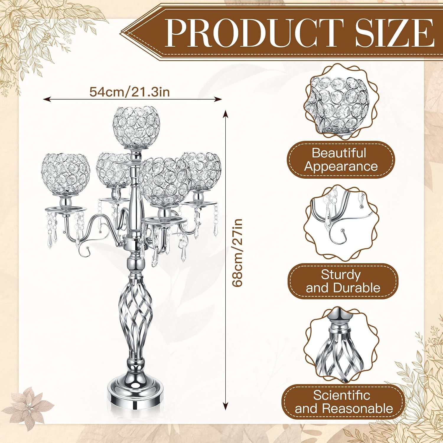 Nitial 4 Pcs 5 Arm Crystal Candelabra Centerpieces for Table 27 Inch Retro Victorian Crystal Candle Holders Bowl Table Centerpieces Decor for Wedding Banquet Valentine Dinner Party Event (Silver)