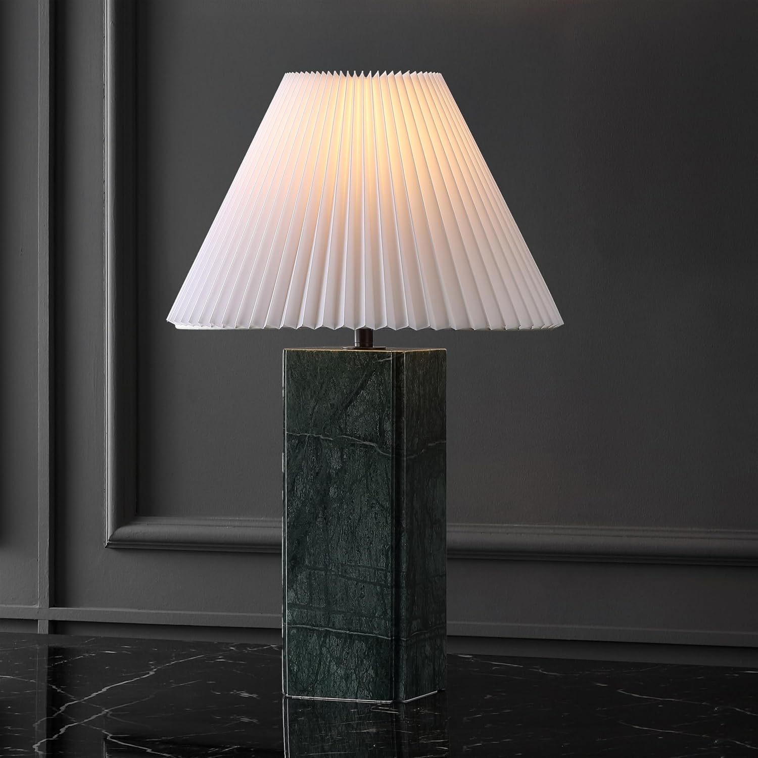 SAFAVIEH Couture Lighting Collection - Mackenzie Square Dark Green Table Lamp, 25' Modern Bedside or Living Room Light with White Cotton Shade, Dimmable with LED Bulb (CTL1080G)
