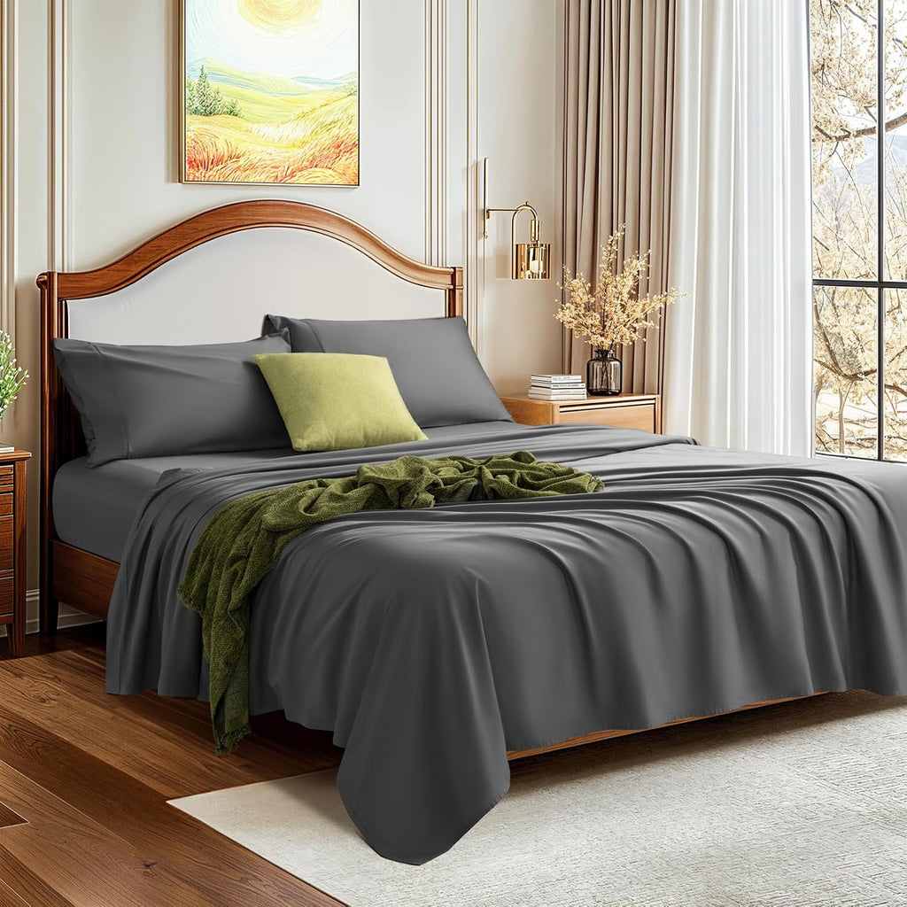 LBRO2M 1500 Thread Count Sheets 100% Egyptian Cotton Sheets Set 16 Inches Deep Pocket King Size Bedding 4 Pcs Sets (King, Dark Gray)