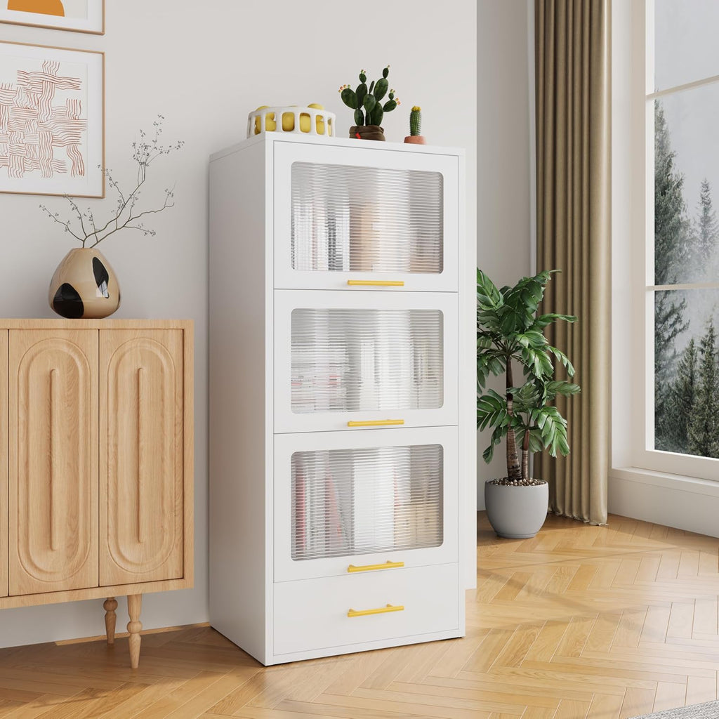 erosoei Metal Tall Narrow Bathroom Storage Cabinet，Slim Bathroom Storage Cabinet with Flip-up Acrylic Doors and Drawers，Pantry Cabinets for Kitchen, Bedroom, Living Room, Laundry Room