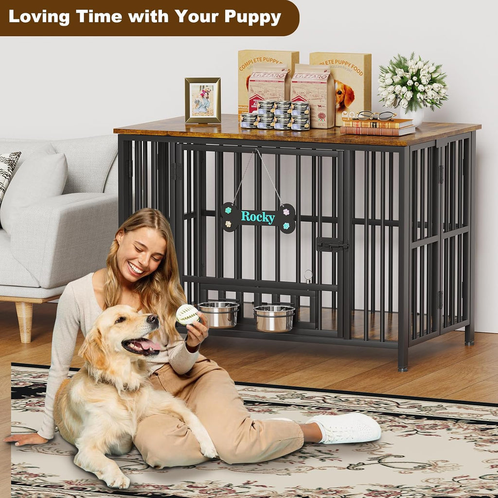 Easycom Dog Crate Furniture Foldable, No Assembly Decorative Dog Kennel Indoor, Dog Crates for Large Dogs(35-60 lb), Wooden Dog Cage with Adjustable Bowls and Name Tag, End Table, Rustic Brown