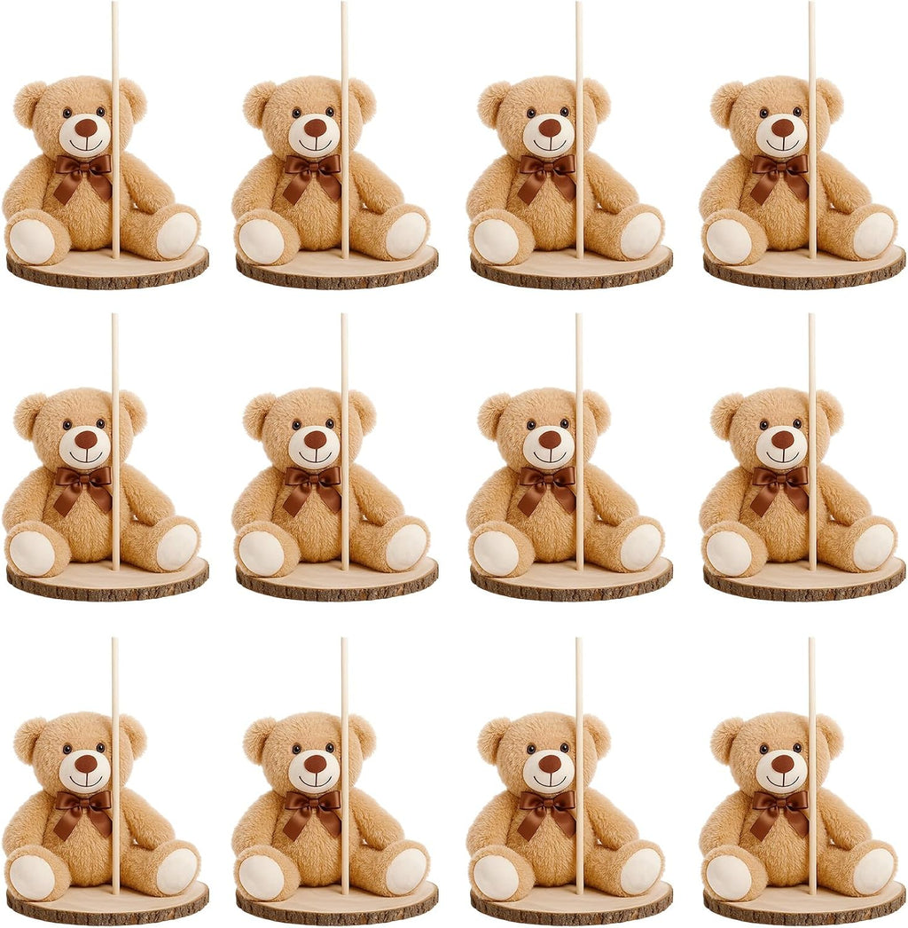 Canlierr 12 Set Bear Centerpieces for Baby Shower Decor Includes Bear Wooden 23-26in Rounds Circles Slices with Stick DIY Craft Birthday Wedding Gender Party Table Decorations, Khaki