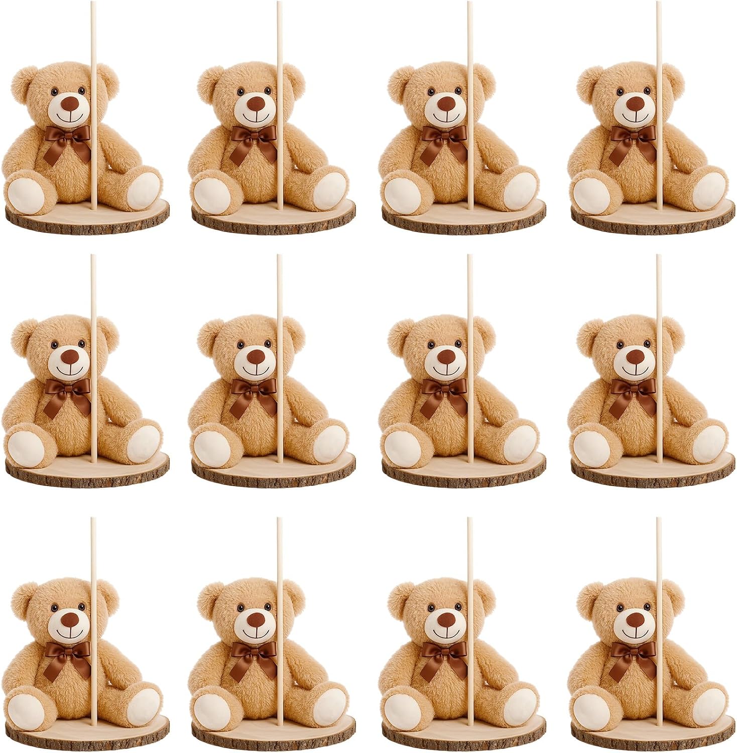 Canlierr 12 Set Bear Centerpieces for Baby Shower Decor Includes Bear Wooden 23-26in Rounds Circles Slices with Stick DIY Craft Birthday Wedding Gender Party Table Decorations, Khaki