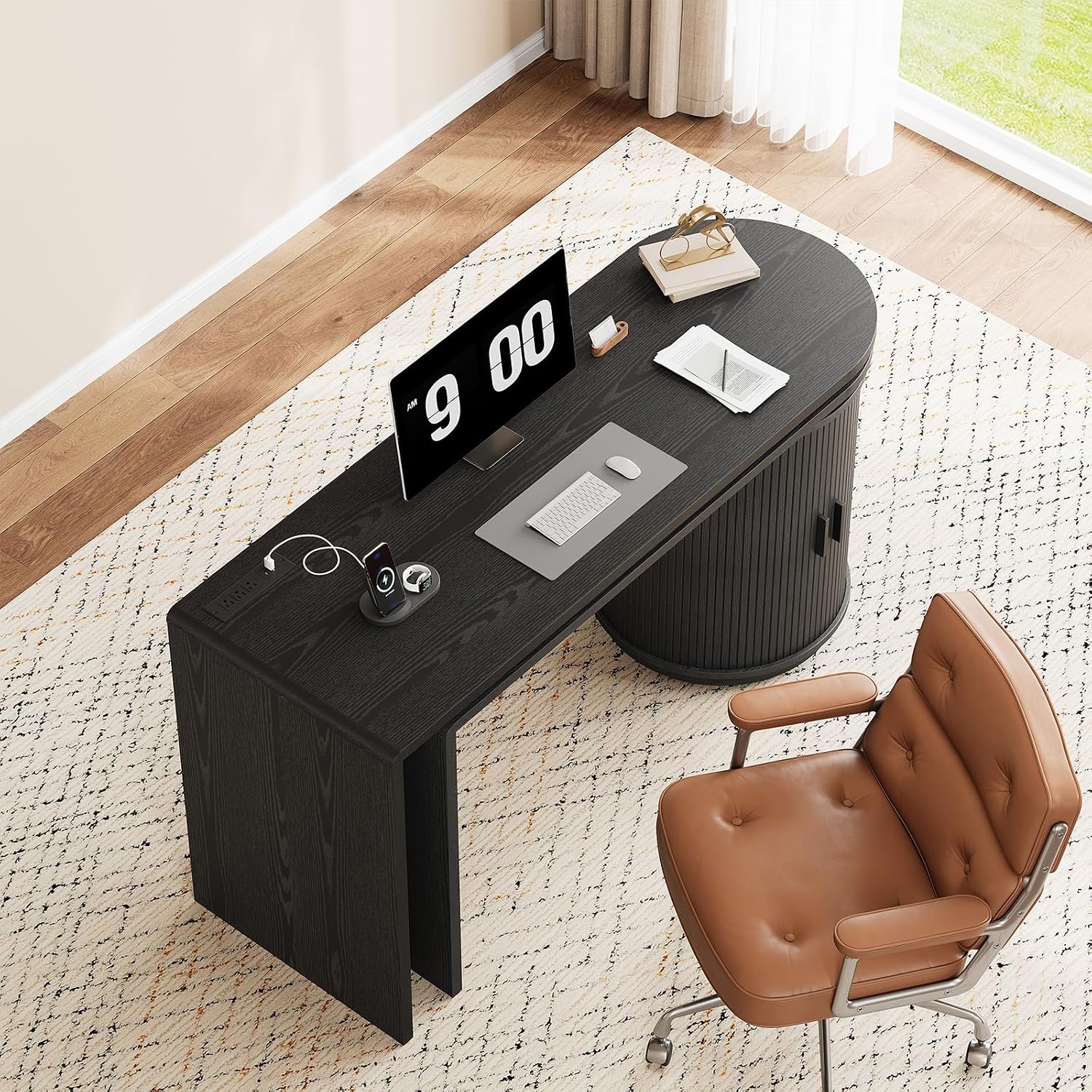 ONBRILL 60 Inch L Shaped Desks with Power Outlets,360° Rotating Swivel Corner Desk with Storge, Fluted Computer Table for Home Office,Workstation,Study Room,Black