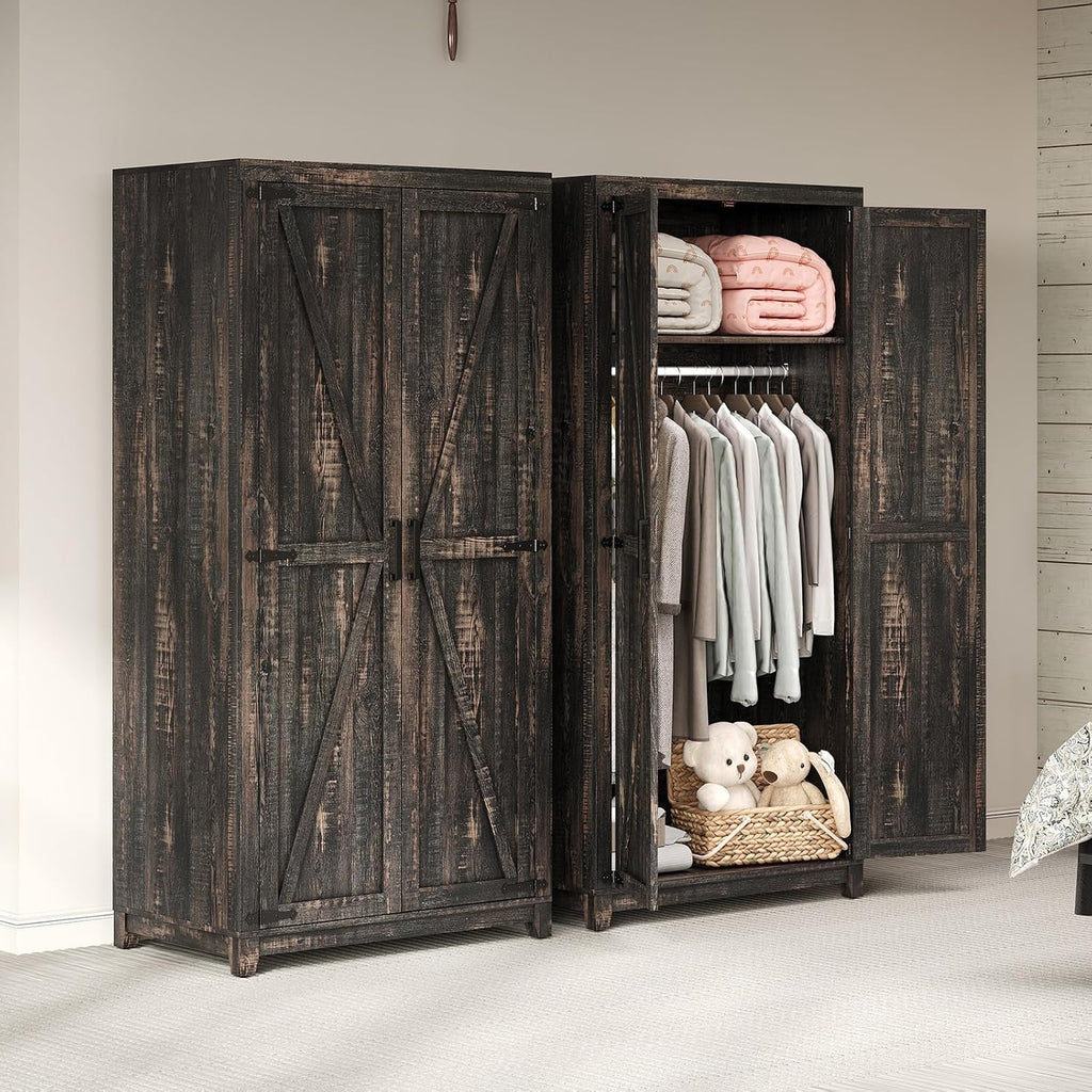 LUXOAK 70' Large Armoire Wardrobe Closet with Hanging Rod, Farmhouse Clothing Storage Cabinet with 2 Barn Doors, Wooden Tall Bedroom Armoires with Shelf, Dark Oak Wood