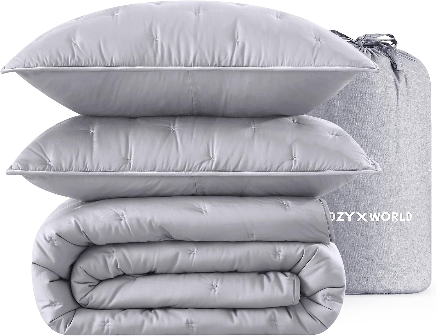 100% Viscose Derived from Bamboo Quilt Set, Soft Dreamer Cross Stitch Bedding, All Season Down Alternative Comforter with 4 Corner Loops, 3-Piece Set, Full/Queen, Silver Grey