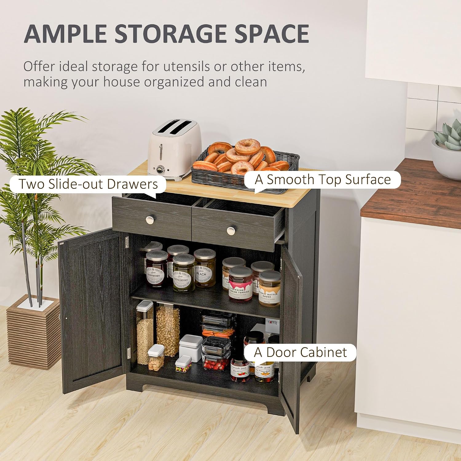 HOMCOM Sideboard Buffet Cabinet with Solid Wood Countertop, Modern Kitchen Storage Cabinet, Coffee Bar Cabinet with 2 Drawers, Doors and Adjustable Shelf, Distressed Black