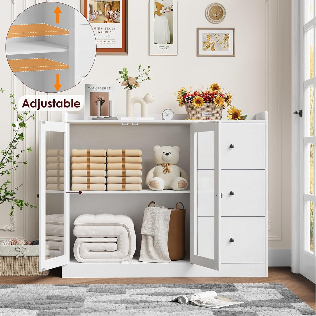 GarveeHome Sideboard Buffet Cabinet with Storage, 43 in Coffee Bar Cabinet with Glass Doors and 3 Drawers, Kitchen Storage Cabinet with Adjustable Shelves for Dining Room, Living Room, White