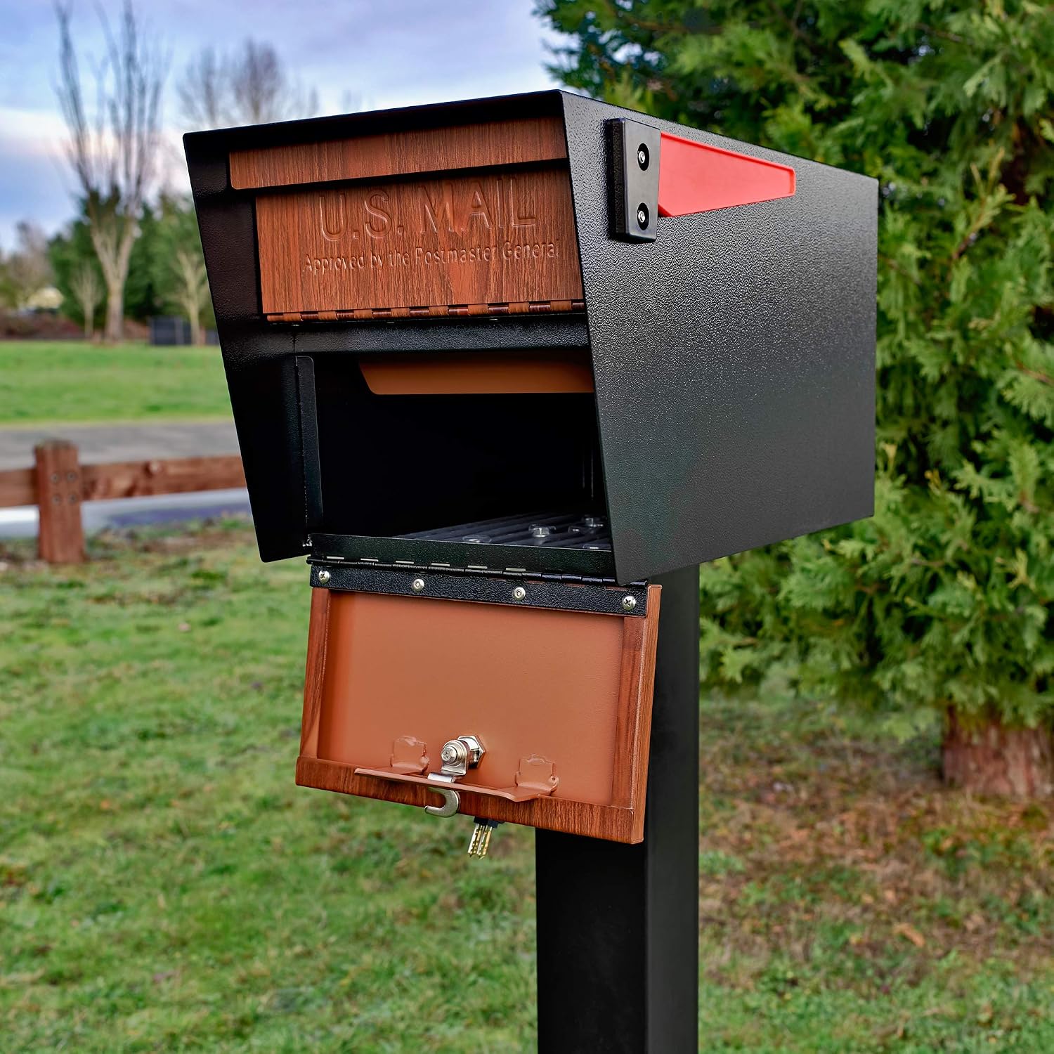 Mail Boss Curbside, Wood Grain 7510 Mail Manager Locking Security Mailbox, Steel, Black