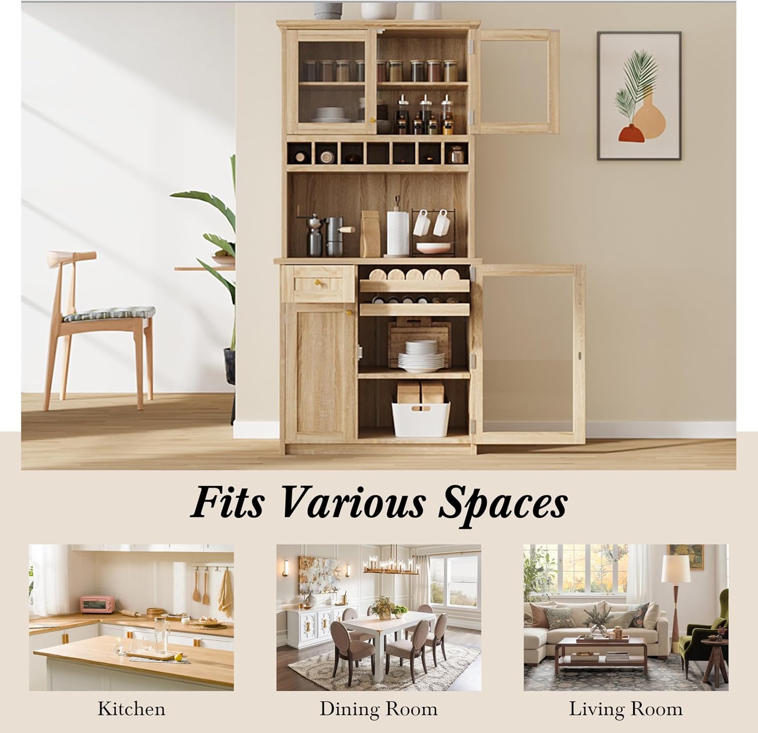 Modern 74.8 inch Tall Kitchen Pantry, Freestanding Buffet with Hutch, Kitchen Pantry Storage Cabinet with Wine Rack and Adjustable Shelves for Dining Room (Natural//1)