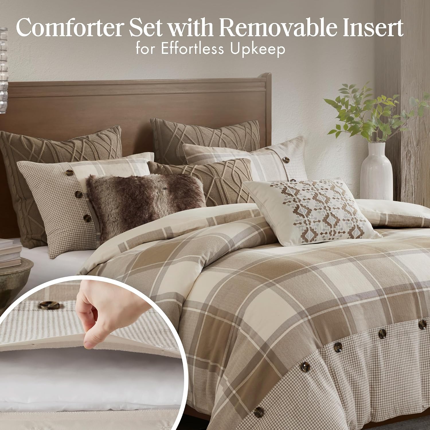 Madison Park King Comforter Cotton Jacquard Plaid Cabin Oversized Comforters King Bed, Removable Cover, All Season King Size Comforter, Décor Pillows, King/Cal King Neutral 9 Piece