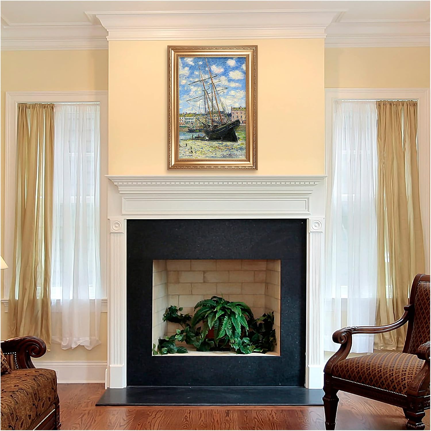 Boat Lying at Low Tide by Claude Monet Painting Reproductions Framed Size:36x26 inches,Image Size:30x20 inches World Classic Reproductions For HomeDecor,Gold Frame