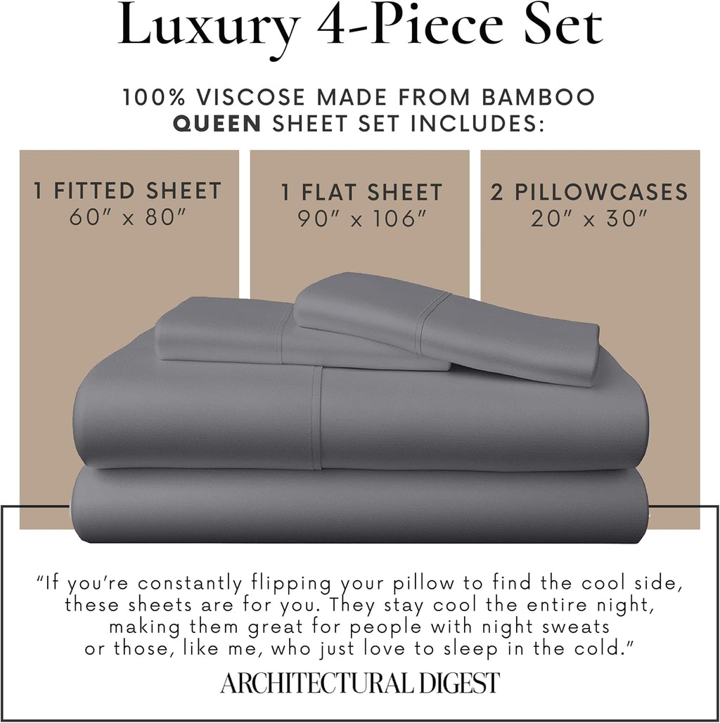 Bamboo Bay 4 Piece Queen Size Sheet Set, 100% Viscose Made from Bamboo, Breathable, Ultra Soft Cooling Bed Sheets for Hot Sleepers, Beddings with Deep Pockets Fit 16' Mattress, Dark Grey