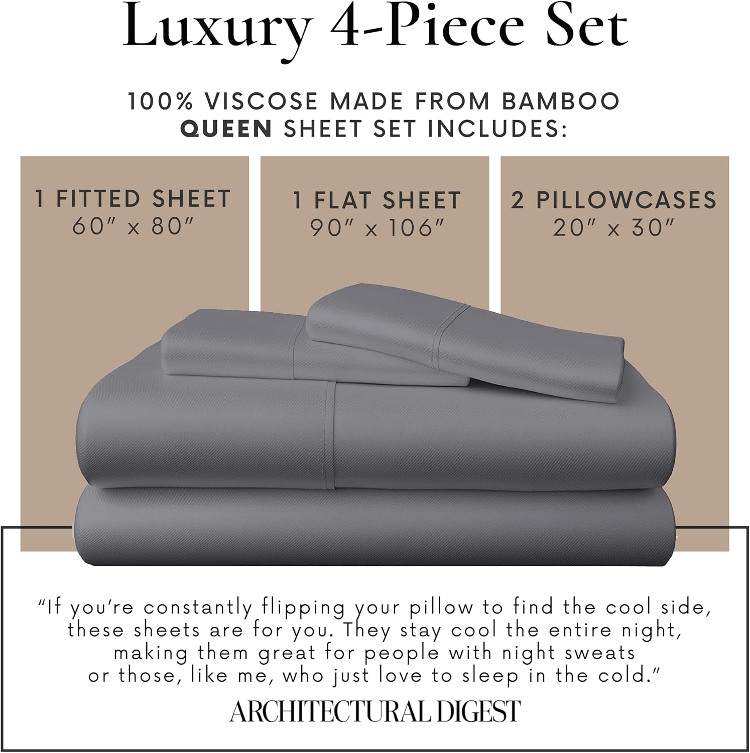 Bamboo Bay 4 Piece Queen Size Sheet Set, 100% Viscose Made from Bamboo, Breathable, Ultra Soft Cooling Bed Sheets for Hot Sleepers, Beddings with Deep Pockets Fit 16' Mattress, Dark Grey