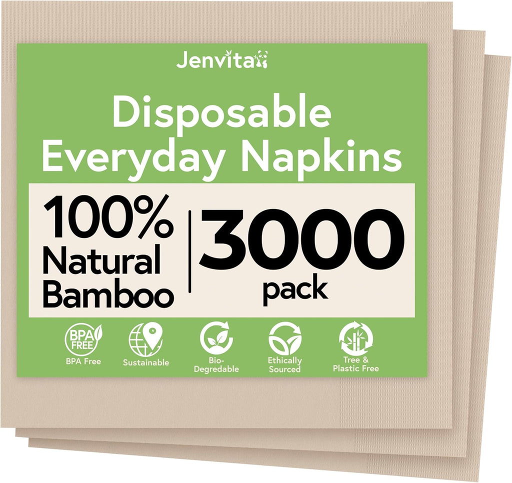 Jenvita Everyday 100% Bamboo Eco Friendly Napkins (3000-Pack) | All Natural Biodegradable Napkins for Lunch, Dinner, Events & Entertaining | 2-Ply FSC Certified | Bamboo Paper Towel | 6.5 x 6.5 Inch