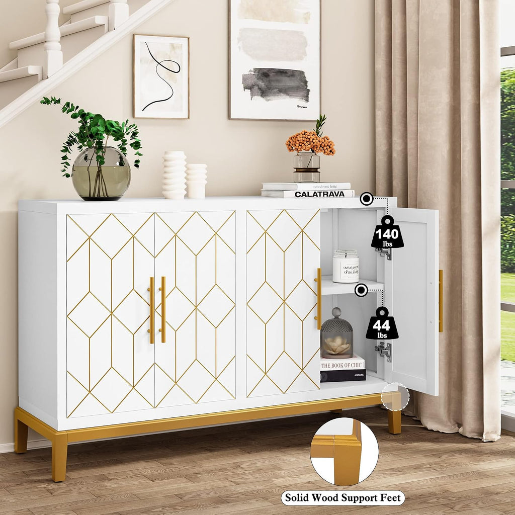 HLR Accent Cabinet with 4 Doors&Shelves, Sideboard Buffet Cabinet with Gold Trim, Modern White Storage for Living Room, Entryway, Kitchen, Dining Room, Hallway