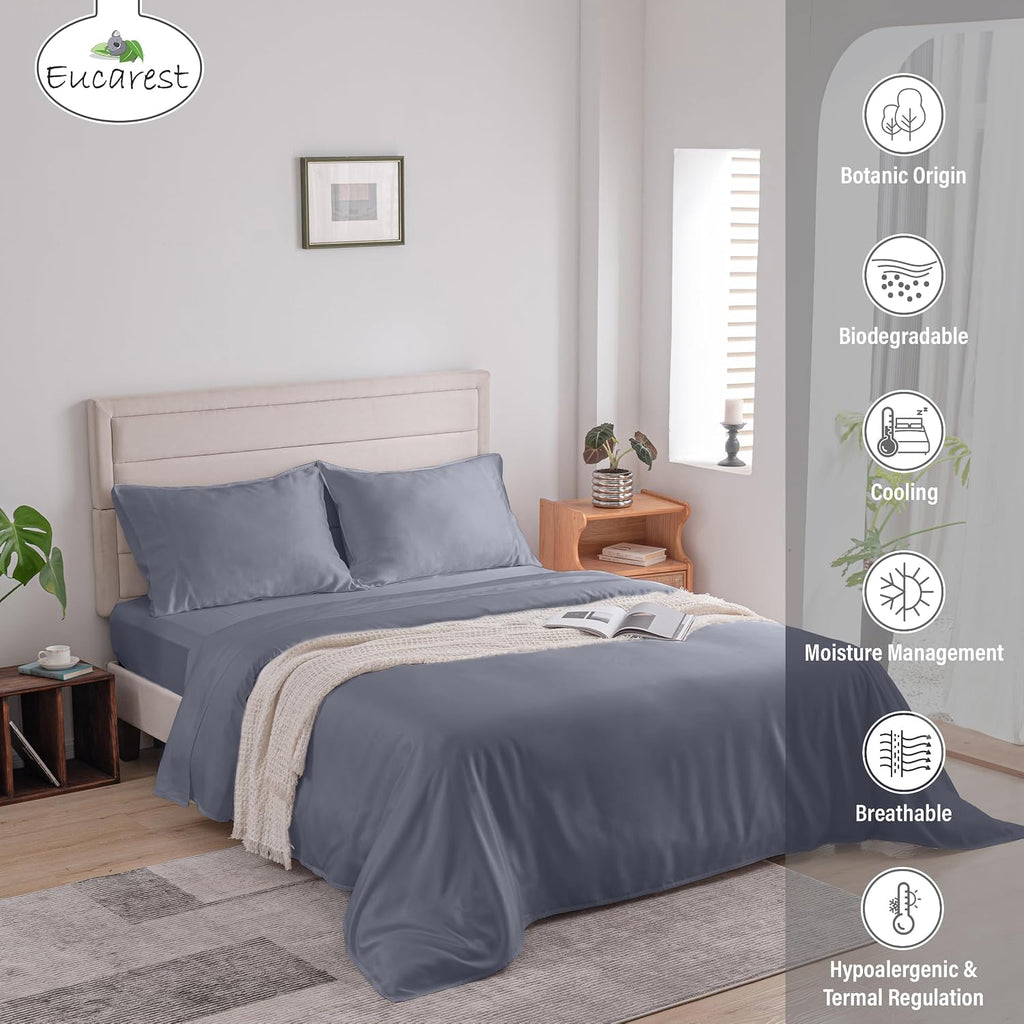 100% Eucalyptus Tencel Bed Sheet Set | Queen Size | Organic | Ultra Soft | Cooling for Hot Sleepers | Hypoallergenic | Thermal Regulating | Deep Pocket | Fits 18' Mattress - Storm Gray