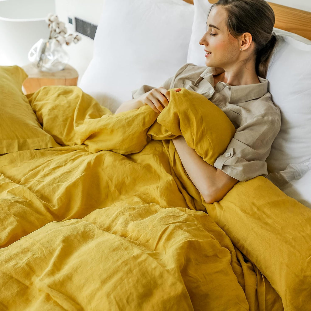 Simple&Opulence 100% Linen Duvet Cover Set 3pcs with Coconut Button Closure Natural French Washed Flax Solid Color Soft Breathable Farmhouse Bedding - Mustard Yellow, Queen Size