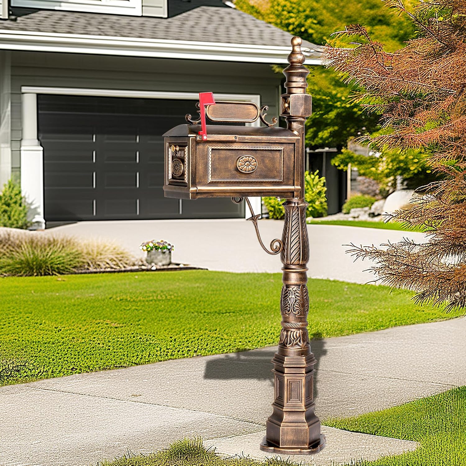 Outvita Cast Aluminum Mailbox, Barcelona Decorative Post Mailbox, Rust-Proof Large Security Heavy Duty Mailbox (Bronze)
