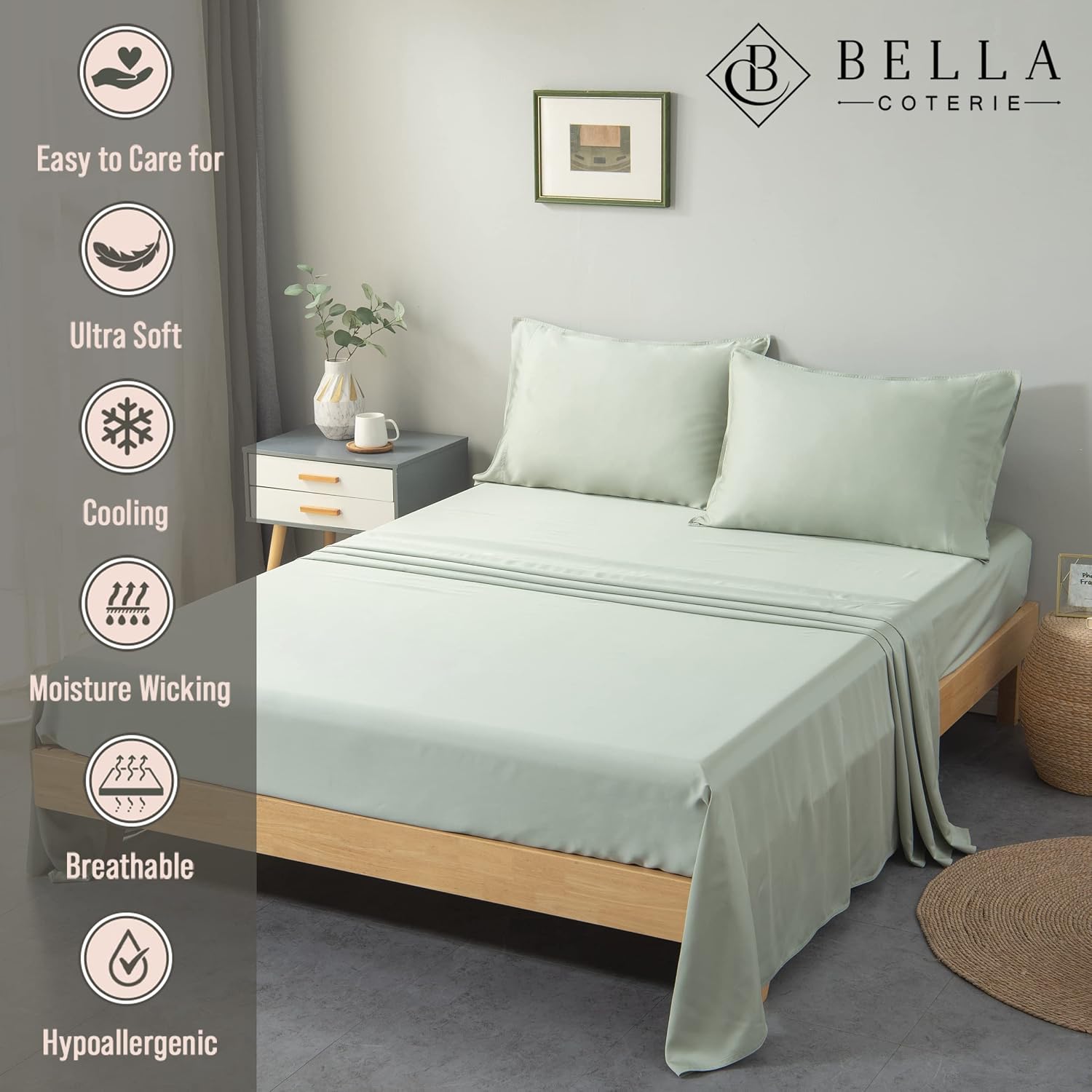 Bella Coterie Luxury Bamboo Viscose Queen Size Sheet Set | 100% Organically Grown | Ultra Soft | Cooling for Hot Sleepers | 18' Deep Pocket [Sea Glass]