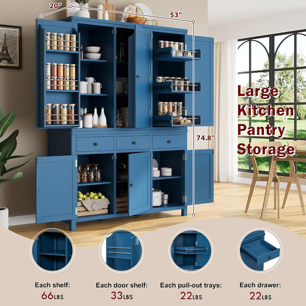 Farmhouse 74.8''H High Freestanding Kitchen Pantry, 53''Lx20''W Wooden Large Cupboard Storage Cabinet with Door Shelves, Adjustable Shelves, Pull-Out Trays and Drawers (Blue-6ds)
