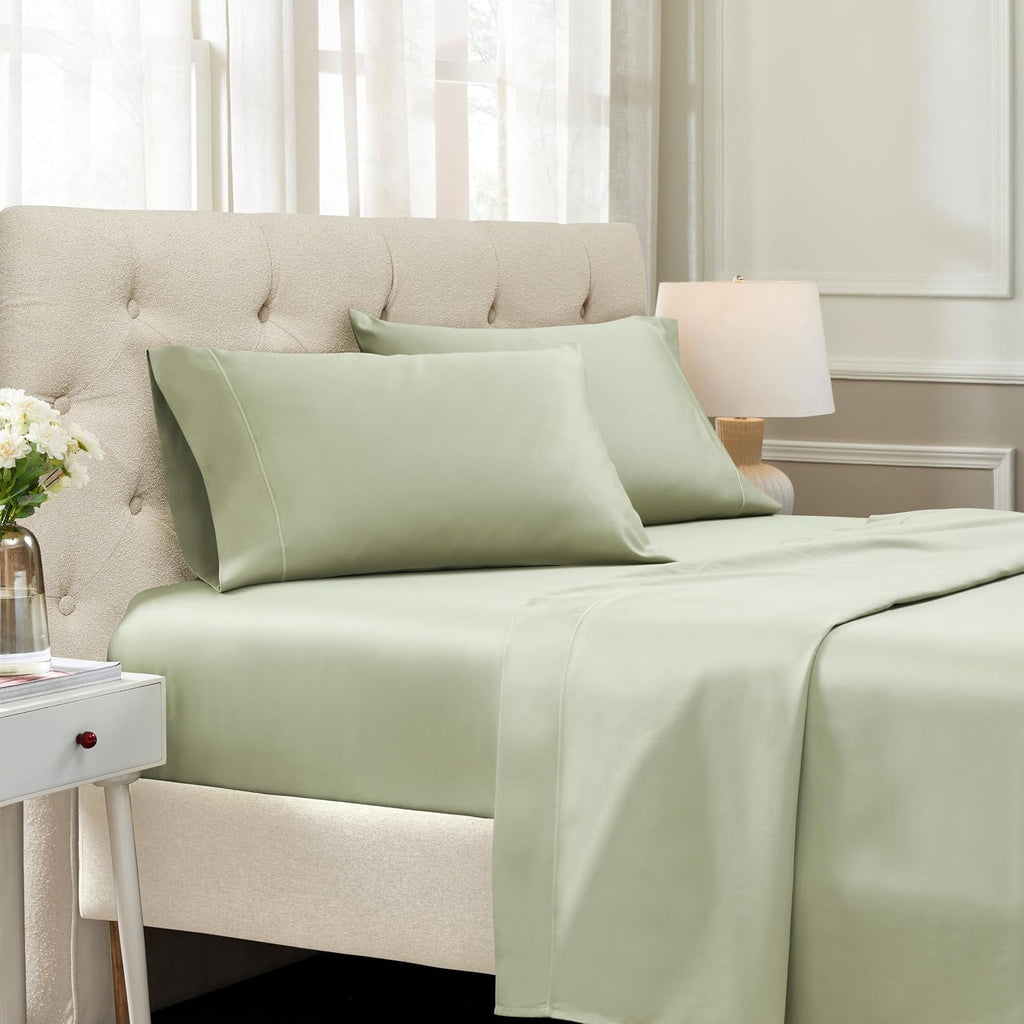Superior Egyptian Cotton 1500 Thread Count Sheet Set, Luxury Sheets, Embroidered Marrow Stitch Hem, Bedding Essentials, 1 Deep Pocket Fitted Sheet, 1 Flat Sheet, 2 Pillowcases, California King, Sage
