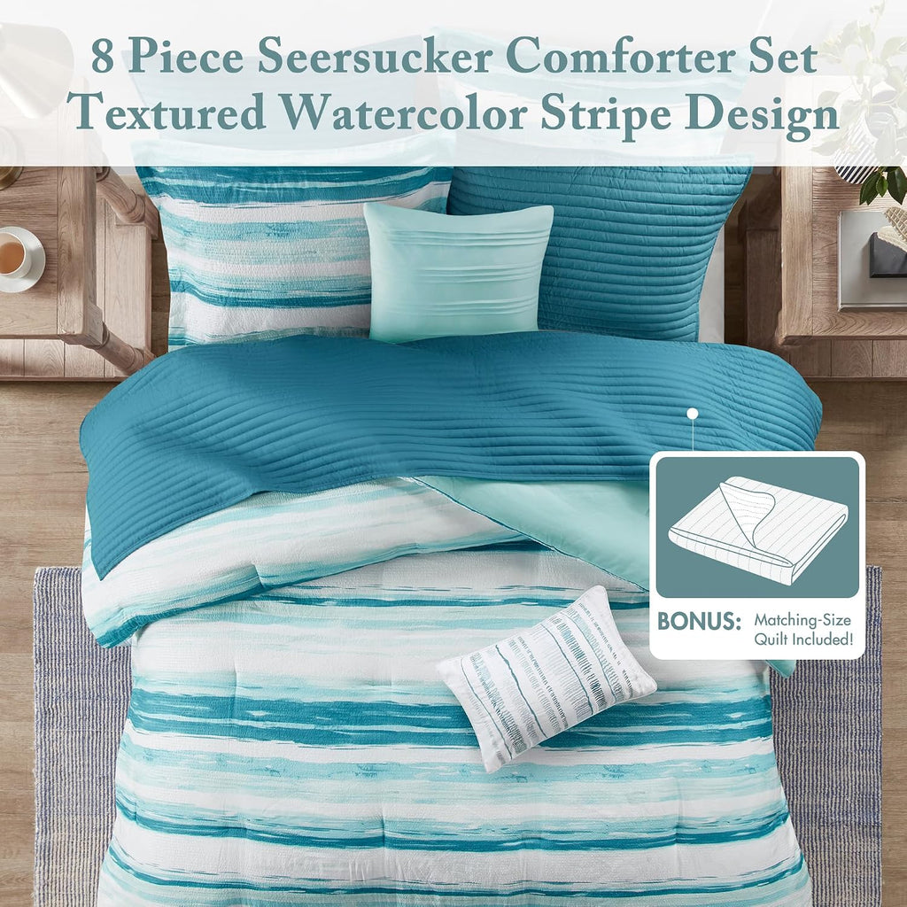 Madison Park Marina Comforter Quilt Combo Set - Modern Luxury Design, All Season Down Alternative Bedding, Matching Shams, Decorative Pillows, King/Cal King(104'x92'), Aqua 8 Piece