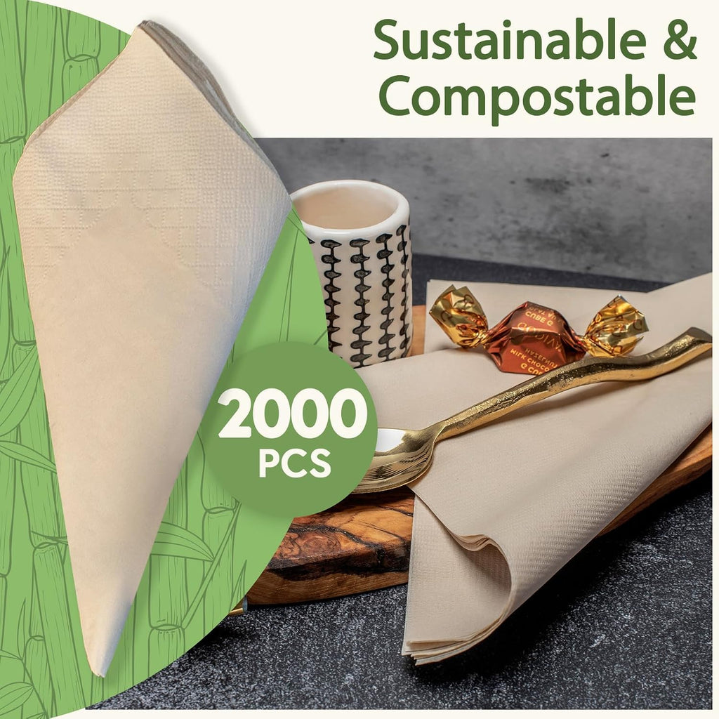 100% Bamboo Compostable Napkins (2000-Pack) | Heavy Duty Napkins for Lunch, Dinner, Events, Occasions & Entertaining | Eco Friendly | 3-Ply FSC Certified | Bamboo Paper Towels | 7.5 x 8 Inch