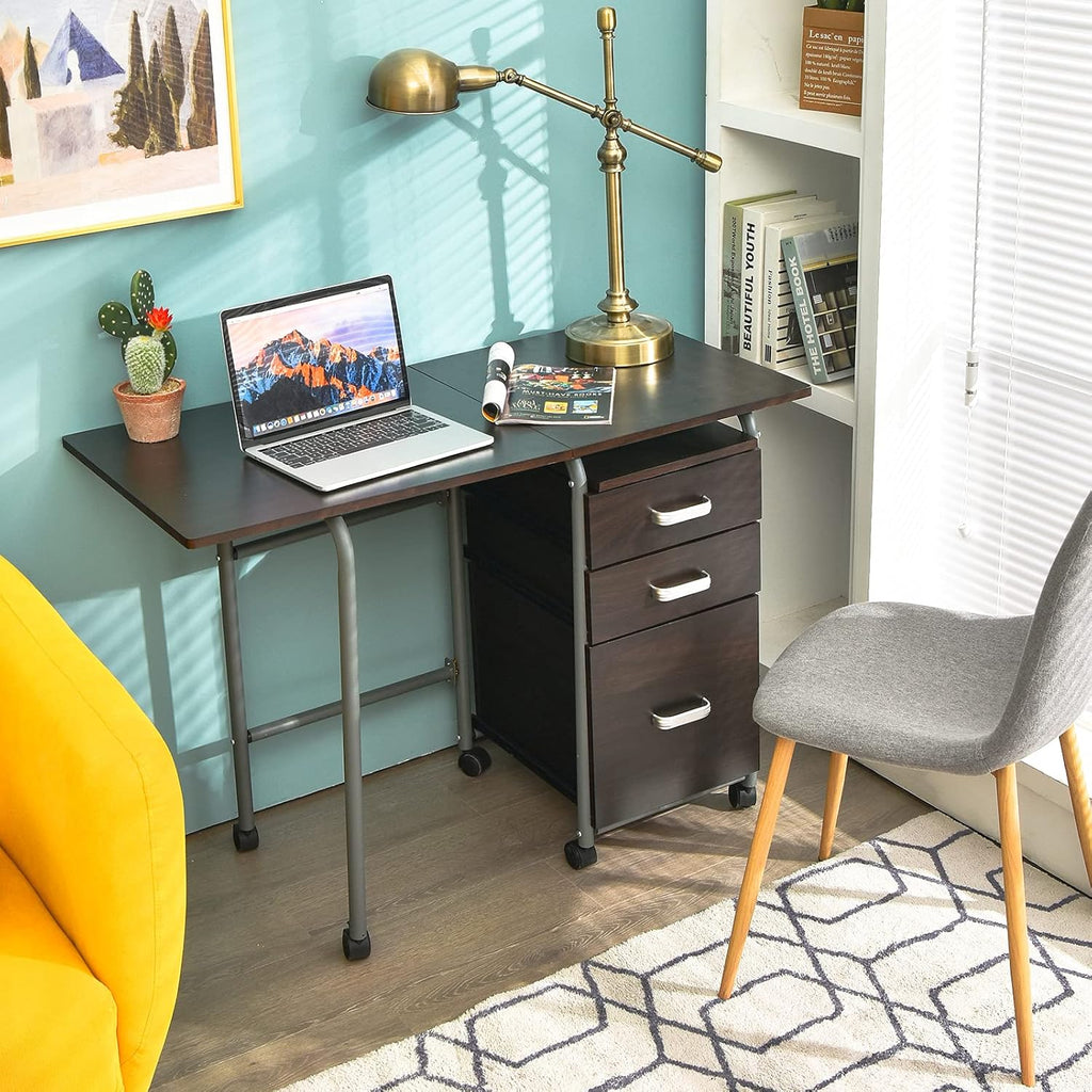 Tangkula Folding Computer Desk with 3 Storage Drawers, Mobile Home Office Desk Study Writing Desk with Smooth Wheels, Space Saving Compact Desk for Dorm Apartment, Rolling Folding Desk Table
