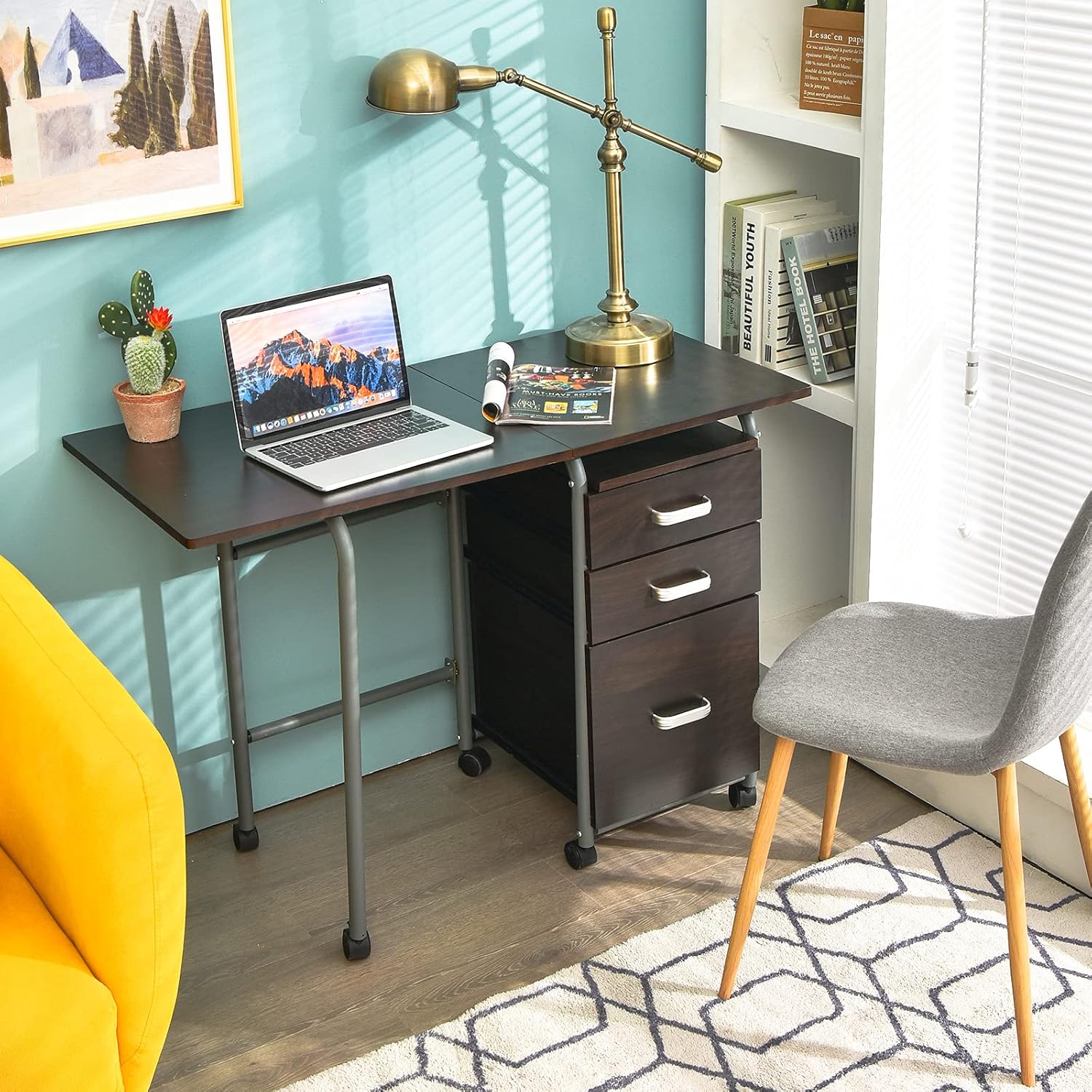 Tangkula Folding Computer Desk with 3 Storage Drawers, Mobile Home Office Desk Study Writing Desk with Smooth Wheels, Space Saving Compact Desk for Dorm Apartment, Rolling Folding Desk Table