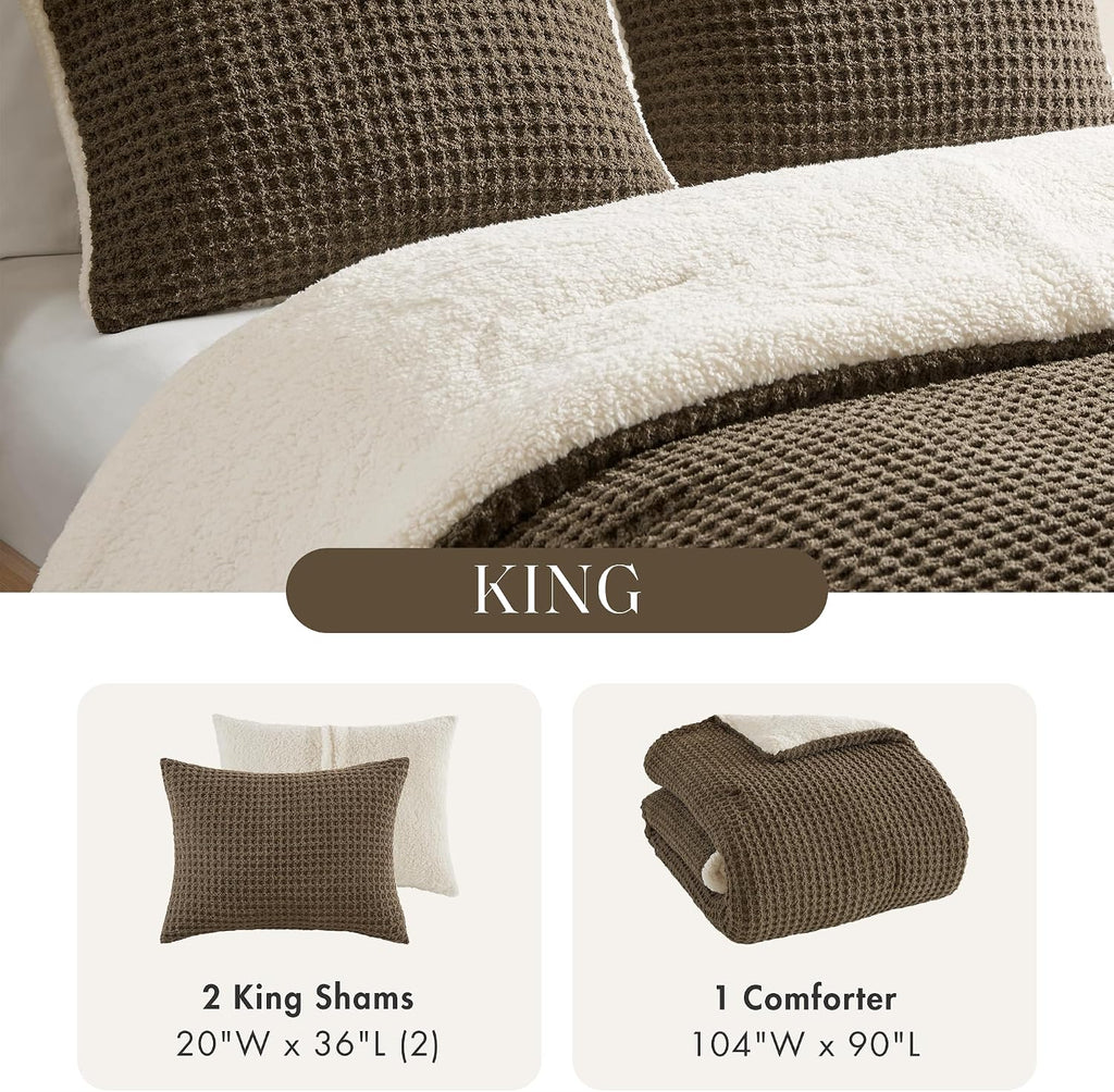 Madison Park King Comforter Set Cotton Chenille Waffle Comforter, All Season Down Alternative Sherpa Bedding Comforter, Riordan, King Brown 3 Piece