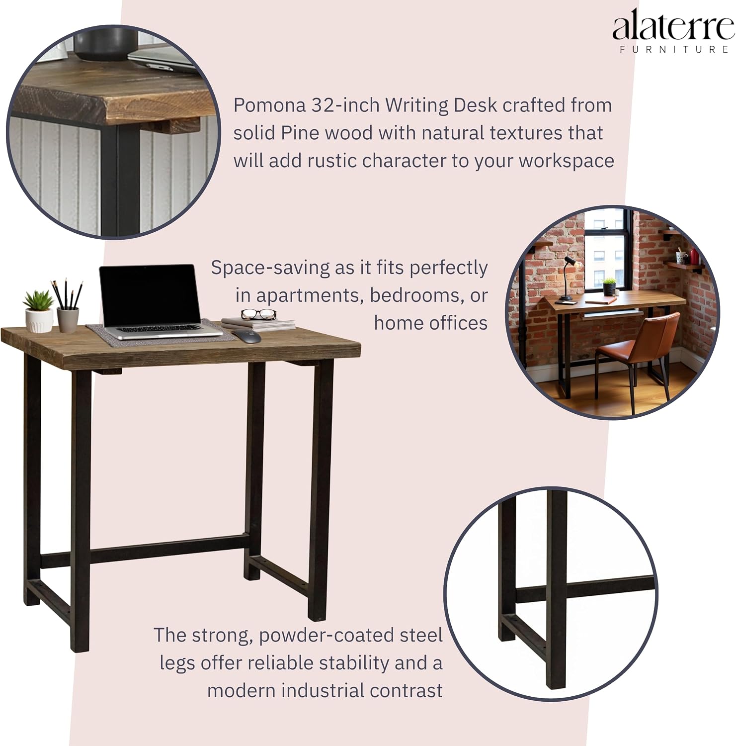 Pomona 32-Inch Compact Writing Desk with Solid Wood Top and Metal Frame – Rustic Industrial Style Small Home Office Desk with Durable Lacquer Finish and Floor Levelers by Alaterre Furniture (Natural)
