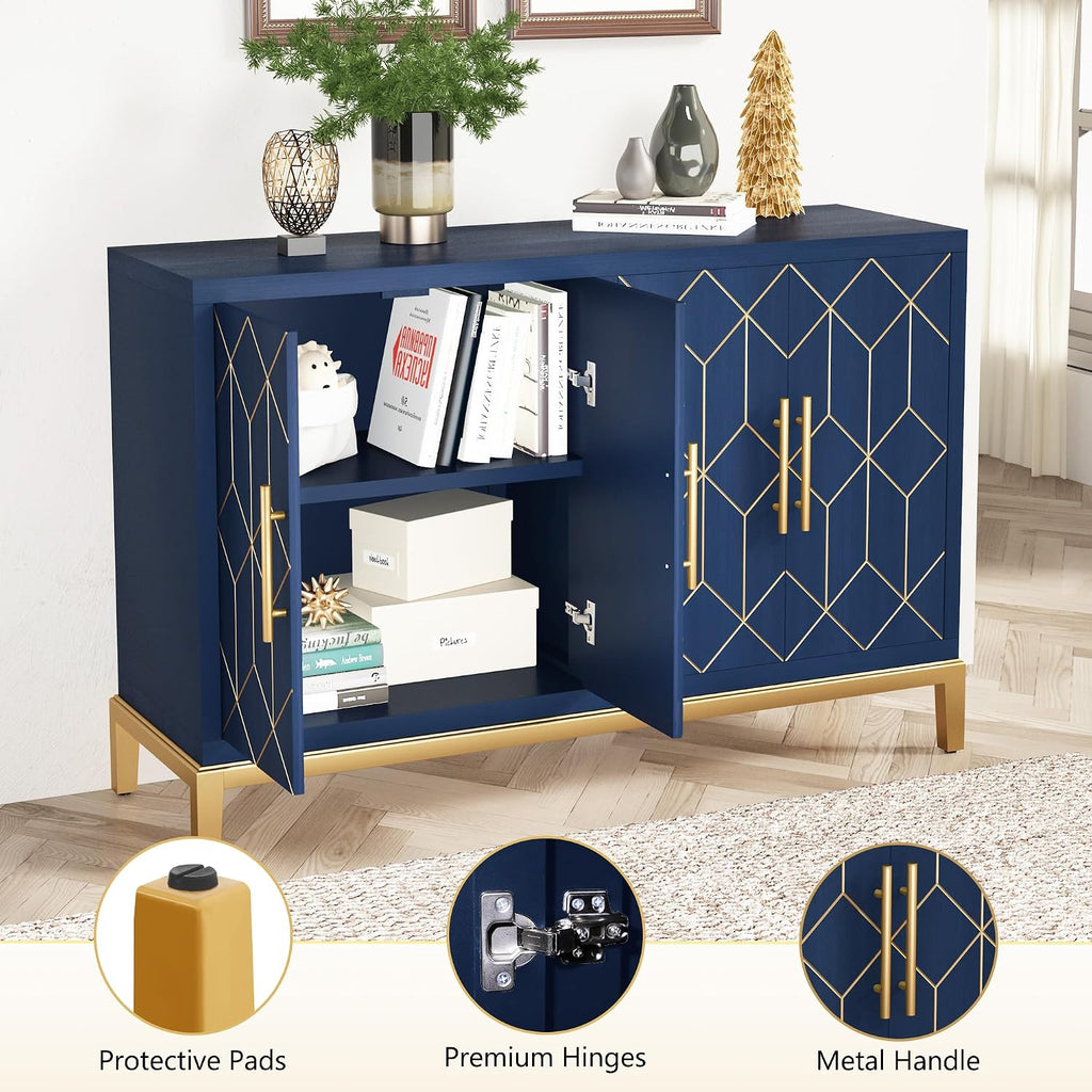 HLR 48' Accent Cabinet with 4 Doors and Shelves, Modern Credenza Storage Cabinet with Gold Trim, Sideboard Buffet for Living Room, Kitchen, Dining Room, Hallway, Blue