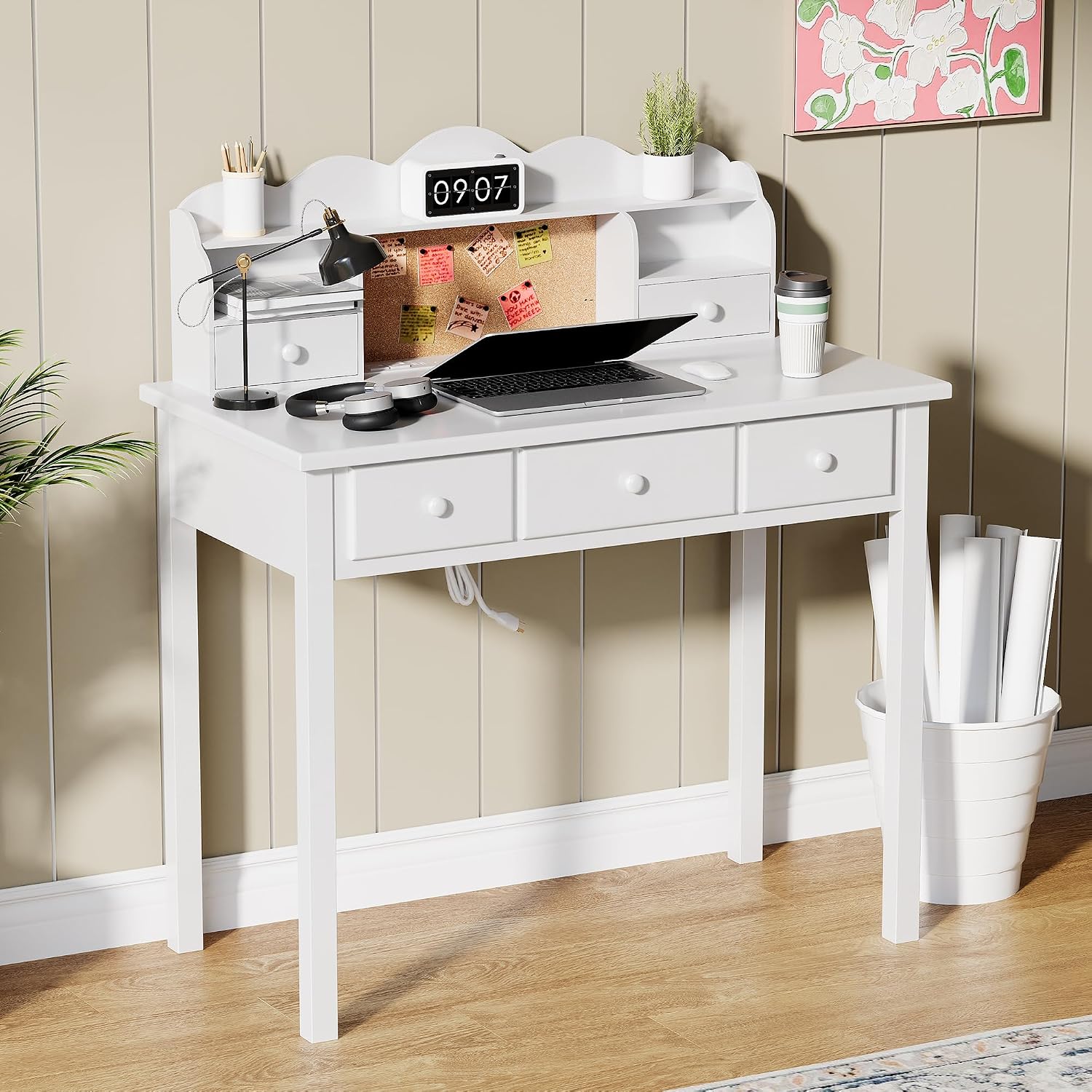 FUNKOCO Home Office Furniture Writing Desk, 36 Inch Computer Work Station with Detachable Hutch for Small Place, 5 Drawers(White)