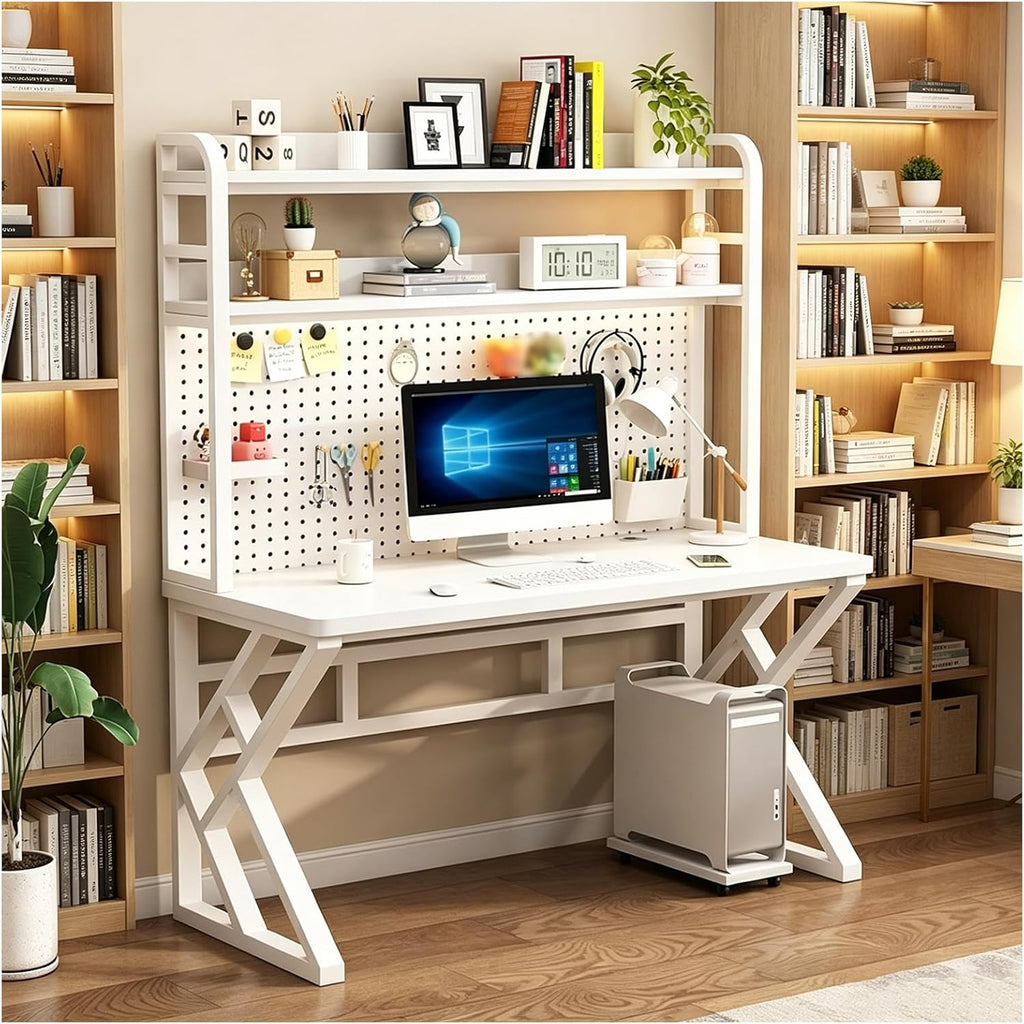 Gaming Desk with Bookshelf Combo, Computer Desk with Pegboard, Large Writing Table with Desktop Shelves, Ample Leg Room, for Home Office (White, 31.4in)