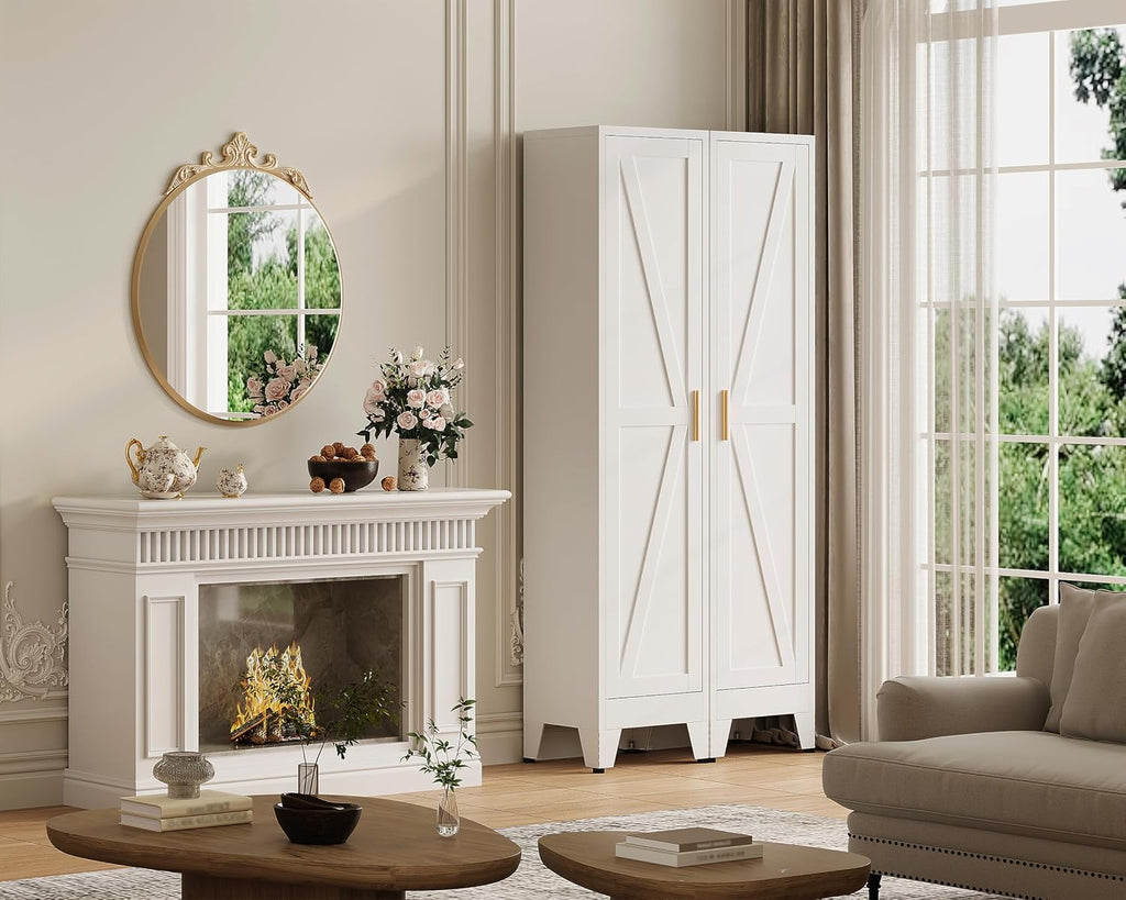 67'H Narrow Pantry Cabinet,Tall Skinny Pantry Storage Cabinet with Adjustable Shelves,Metal Narrow Kitchen Storage Cabinet,Slim and Thin Pantry Cabinets for Living Room Dining Room, White