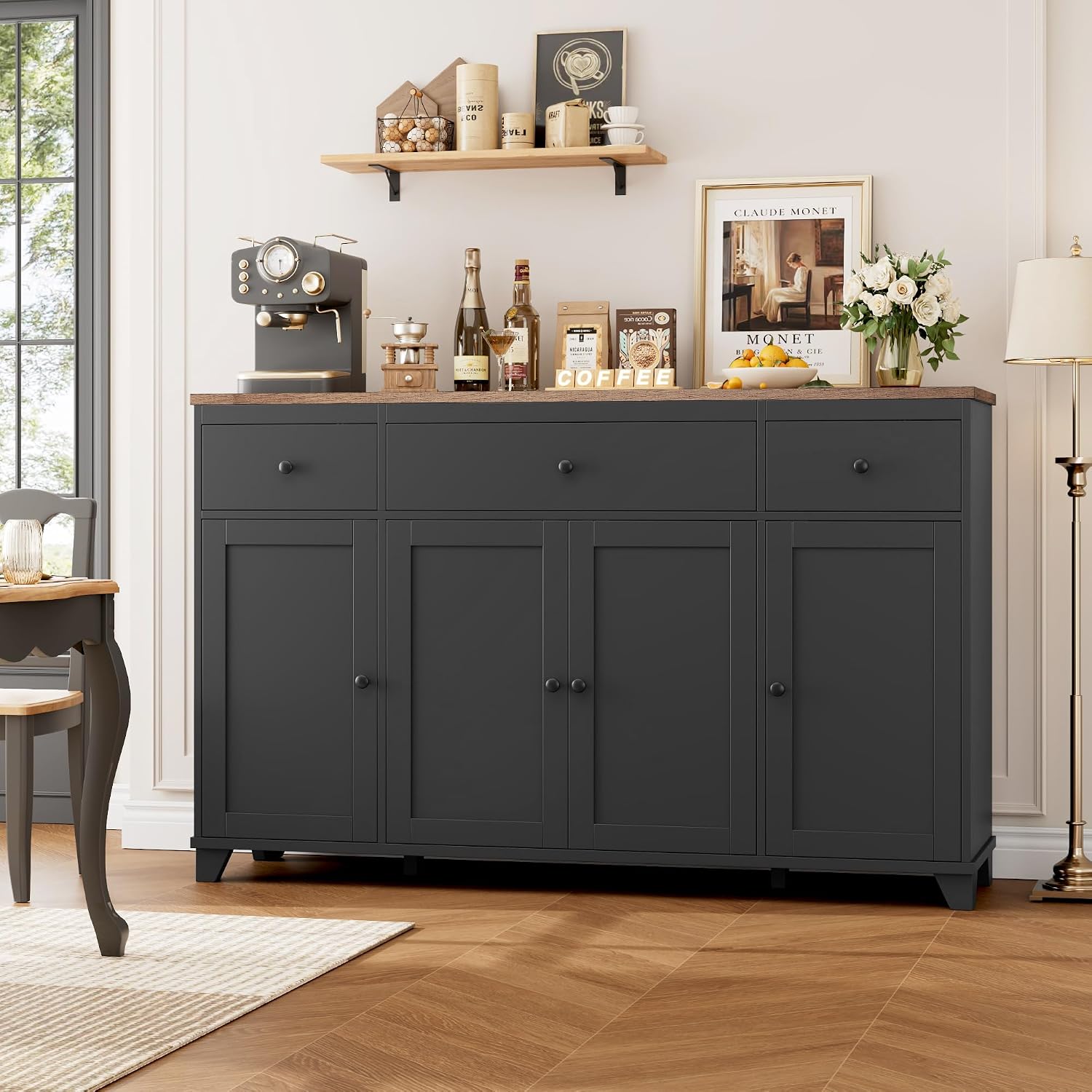 HIFIT 55' Large Kitchen Buffet Cabinet with Storage Drawers, Farmhouse Sideboard Buffet Table Storage Cabinet with Doors and Shelves, Wood Coffee Bar Cabinet for Kitchen Dining Living Room, Black