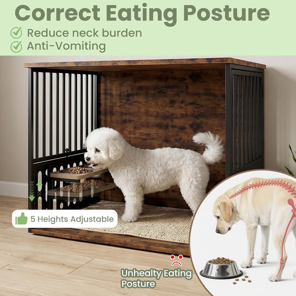 Yafylly 32 Inch Small Dog Crate, Wood Dog Crate Furniture for Small Medium Dogs, Interactive Window, 360° Rotating Adjustable Bowls, Decorative End Table Dog Kennel, Heavy Duty Small Dog Cage, Brown