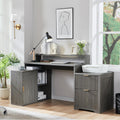 JXQTLINGMU Modern L Shaped Desk with Storage Cabinet & Drawers, Wood Home Office Desk with Power Outlets, Fluted Computer Writing Desk