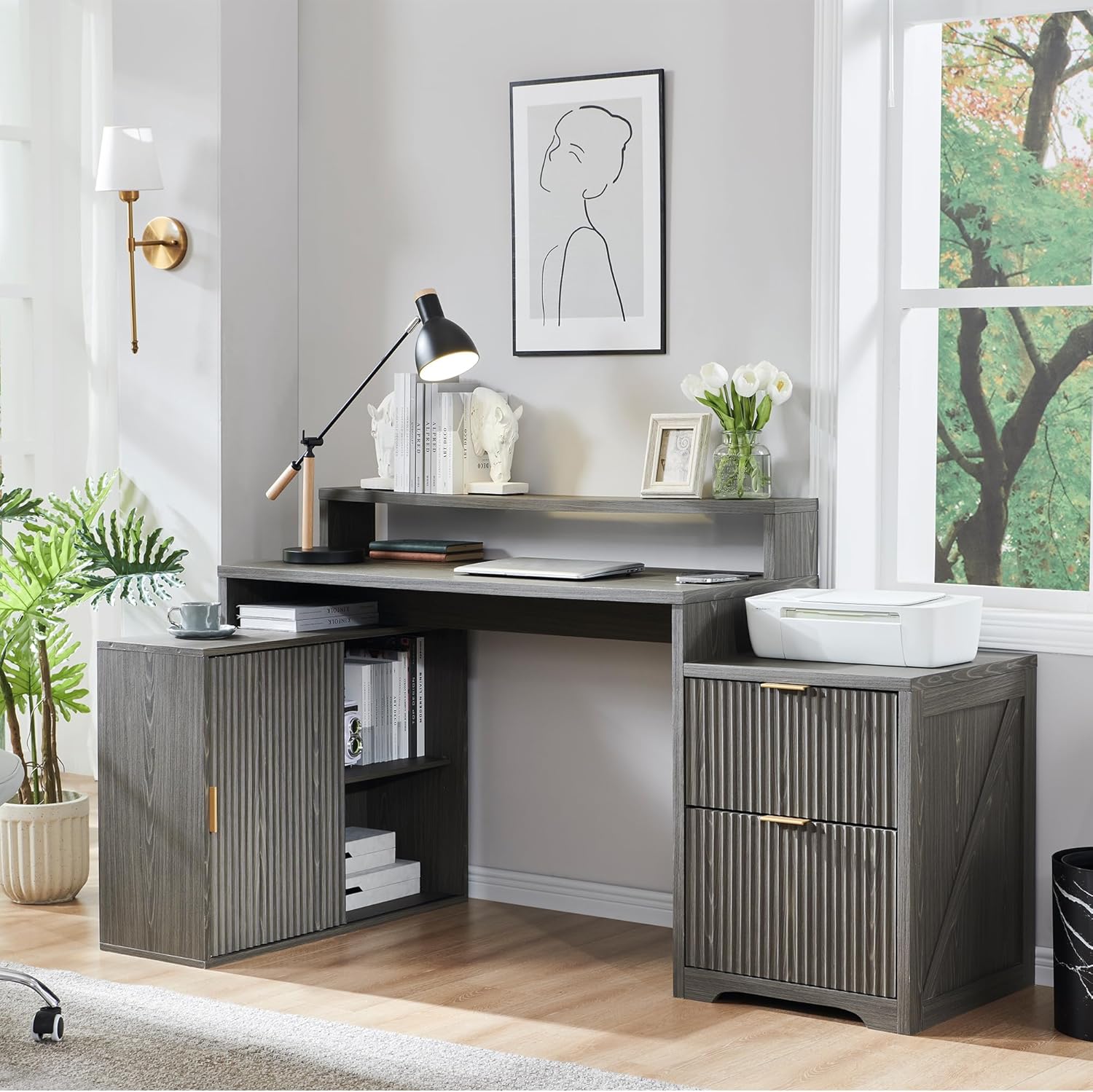 JXQTLINGMU Modern L Shaped Desk with Storage Cabinet & Drawers, Wood Home Office Desk with Power Outlets, Fluted Computer Writing Desk