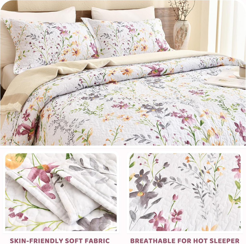 Sanracie Oversized King Bedspread(120'x120'),100% Cotton Floral Quilt Set 3Pcs Soft Lightweight Yellow Wild Flower Botanical Printed Pattern Oversized King Quilt Bedding Coverlet for All Seasons