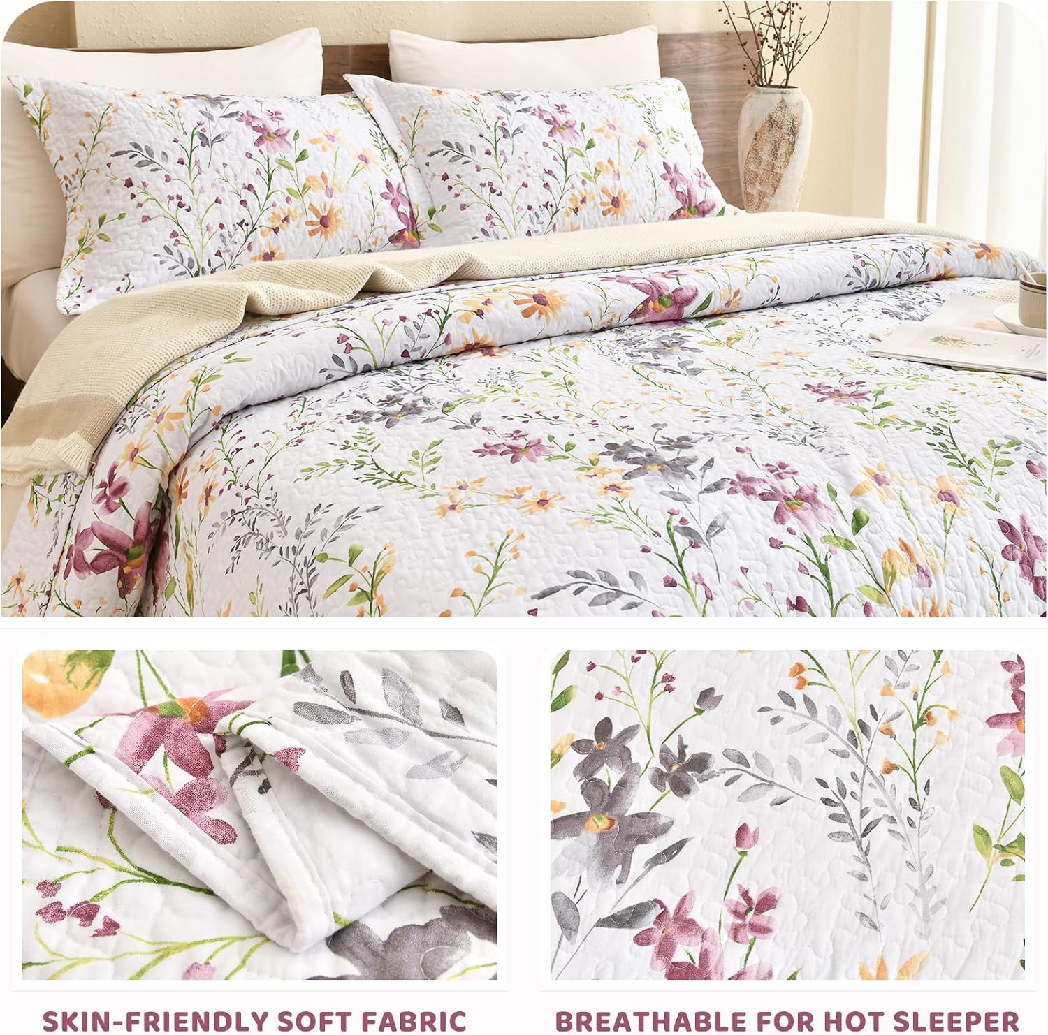 Sanracie Oversized King Bedspread(128'x120'),100% Cotton Floral Quilt Set Extra Wide 3Pcs Lightweight Summer Yellow Wild Flower Botanical Printed Pattern Bedding Coverlet California King Size